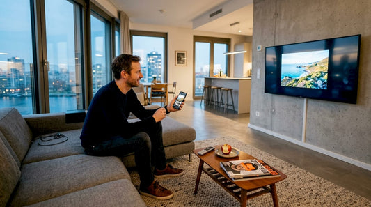 Man syncing phone to smart TV in living room