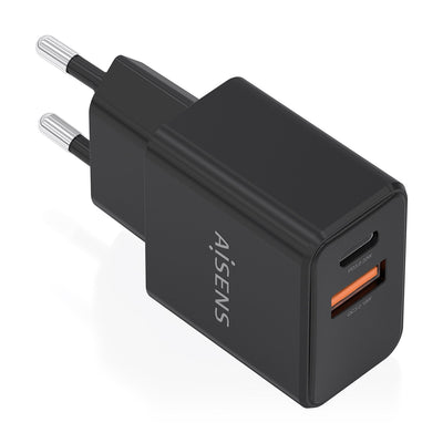 Aisens Charger GaN 20W, 1x USB-C PD 3.0, 1x USB-A QC3.0, Black — image 1