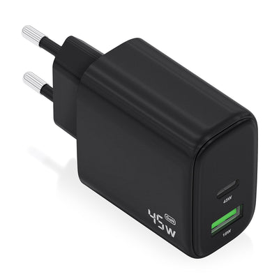 Aisens Charger GaN 45W, 1x USB-C PD 3.0 QC4.0, 1x USB-A QC3.0, Black — image 1