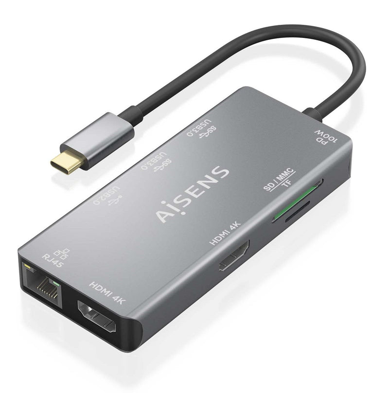 Aisens USB-C Dock 9 1, USB-C a 2x HDMI, 1x RJ45, 2x USB-A USB 3.0, 1x USB-A USB 2.0, 1x USB-C Pd, 1XSD, 1XMICR