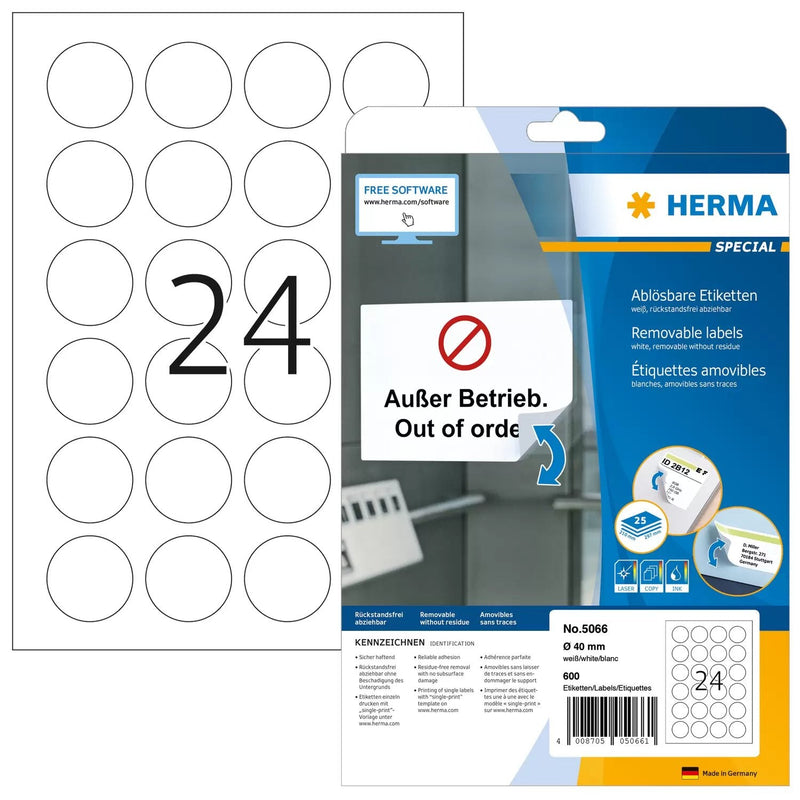 Herma Removable Round Labels 40 25 Sheets Din A4 600 Pcs. 5066 Labels