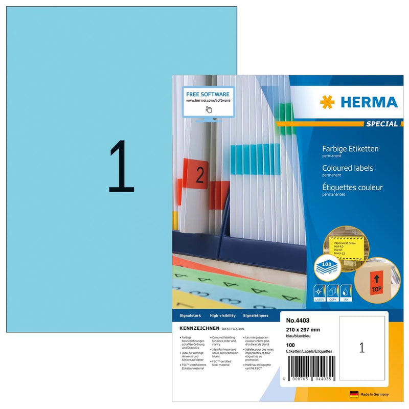 Herma Labels A4 Blue 210X297 Mm Paper Matte 100 St.