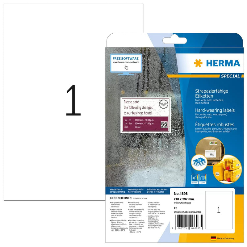 Herma Hardwearing Labels 210X297 25 Sheets Din A4 25 Pcs. 4698 Etiquietas