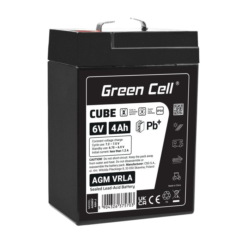 Green Cell Battery Mantenimiento Libre Cube Agm Vrla IP54 6V 4AH Sistemas Alarm Boxes Registradoras, Toys