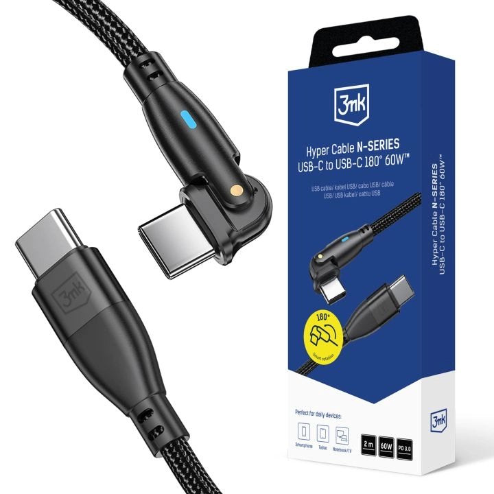 3MK Cable Hyper N-series C To C 2M PD 3.0 20V 3A 60W Black - Swivel