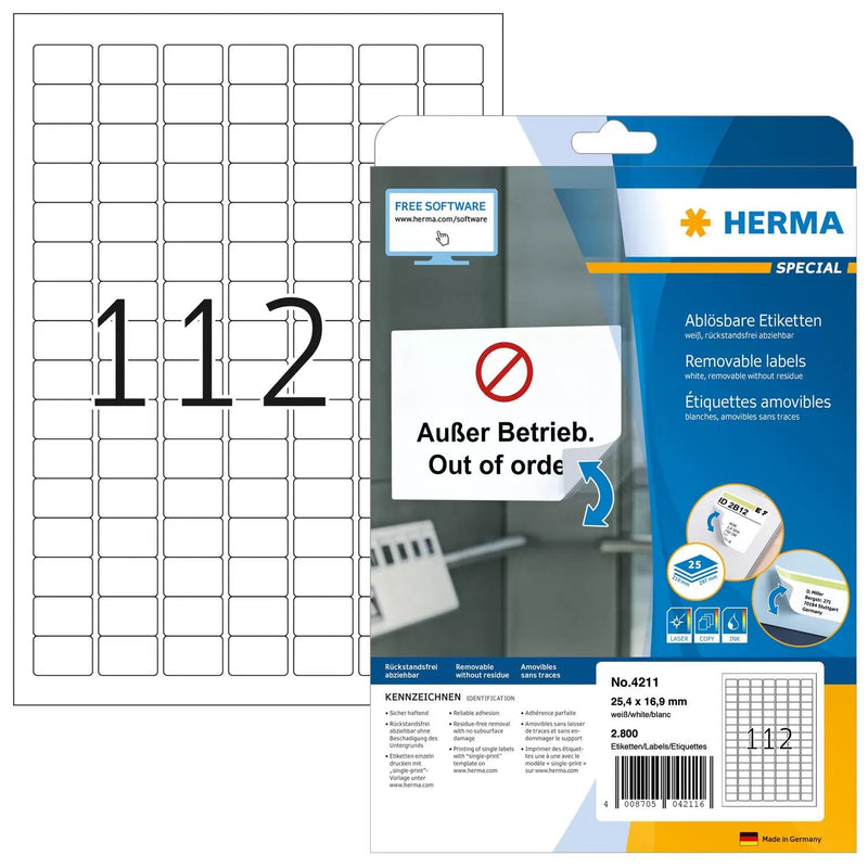Herma Labels A4 White 25,4X16,9MM Removable Paper 2800 PC