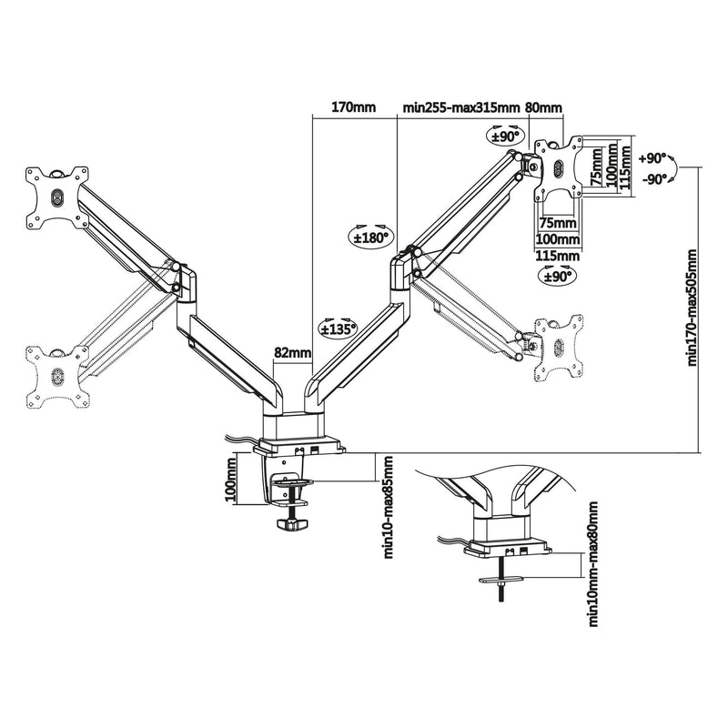 Inline Soporte Escritorio Con Elevador Y USB 3.0, Mobile Phone Dos Pantallas Hasta 81CM (32) Max. 9KG