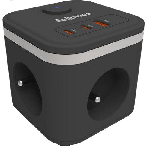 Fellowes Power Strip With Switch 3 Sockets Power 1 USB 2 USB Type-c Cable 2M Black