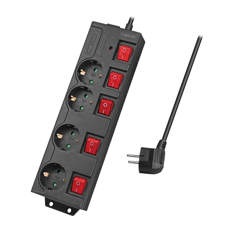 Logilink Power Strip Plugs 4 Sockets 4XCEE 7/3, W. 5 Switch Black Cable Textil Logilink