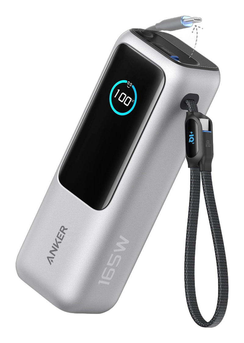 Anker Power Bank 25K 165W Built-in USB C Cable Retractable Silver
