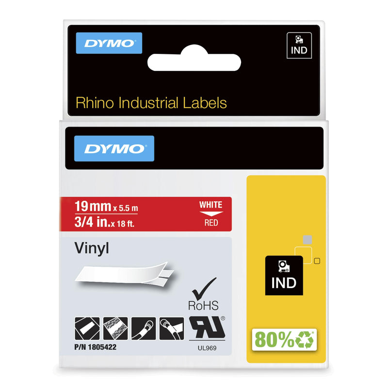 Dymo Rhino Tape Labels Industrial Adhesiva ID1-19, White Sobre Red 19MMX5'5M, Vinilo
