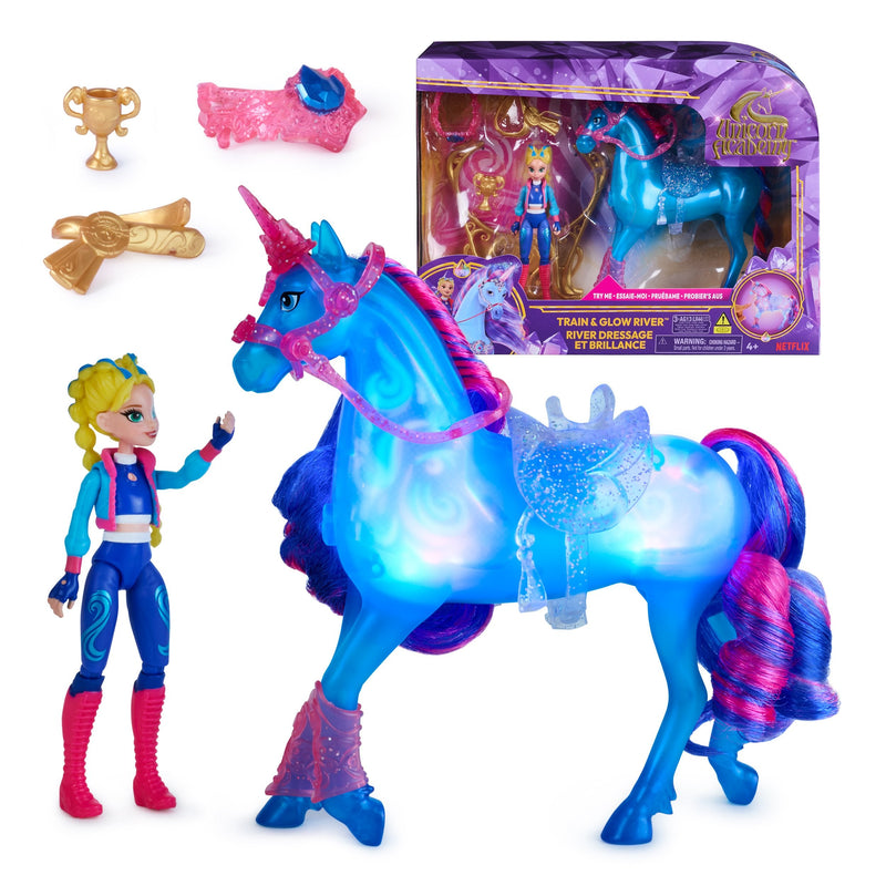 Spin Master Unicorn Academy - Train And Glow River With Isabel Set, Figure Toy With Función Light And Accesori