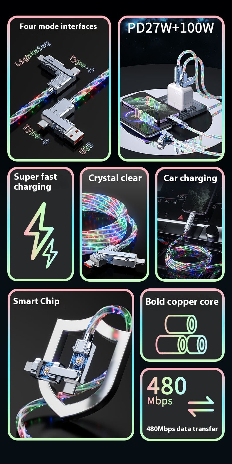 Star Sky Gorgeous Color Streamer Fast Charging Four-in-one Luminous Charging Cable