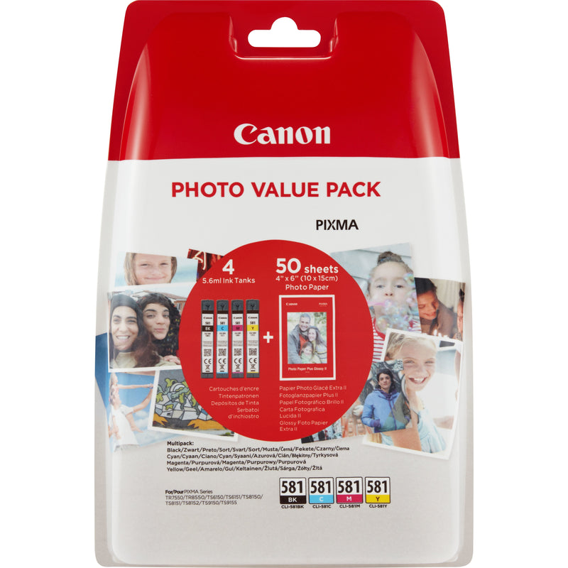Canon CLI-581 C/M/ And /Bk Photo Value Packpaquete 45.6 Mlnegro, Yellow Cin, Magentaoriginalkit Tanque Ink / P