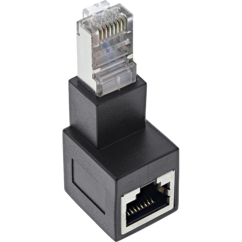 Inline Adapter Network Cable CAT.6A, Plug/Socket RJ45, Acodado 90° Hacia Abajo