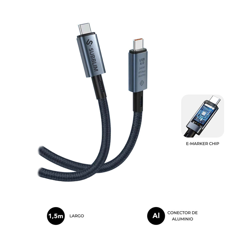 Subblim Cable High 240W USB-C/USB-C 4.0 8K 1.5M Black 240W/ Length 1.5M/ USB-C &harr, USB-C/ USB4.0 Thunderbol