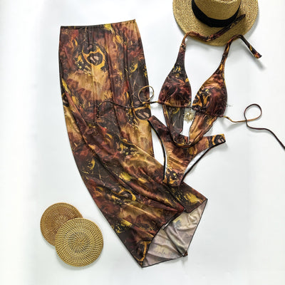 Womens Three-piece Hollow-out Printed Swimsuit
