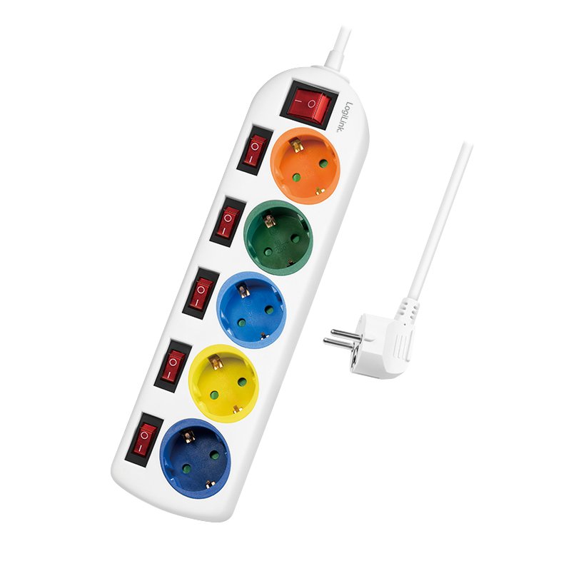 Logilink Power Strip Plugs 5 Sockets 5XCEE 7/3, W. 6INTERRUPTORES, Coloridos