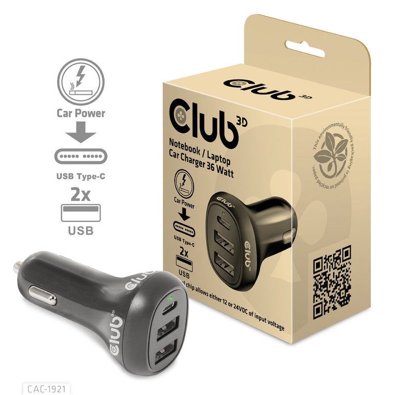 Car Charger USB CLUB3D 1x USB C, 2x USB a, 36W, 12 24V