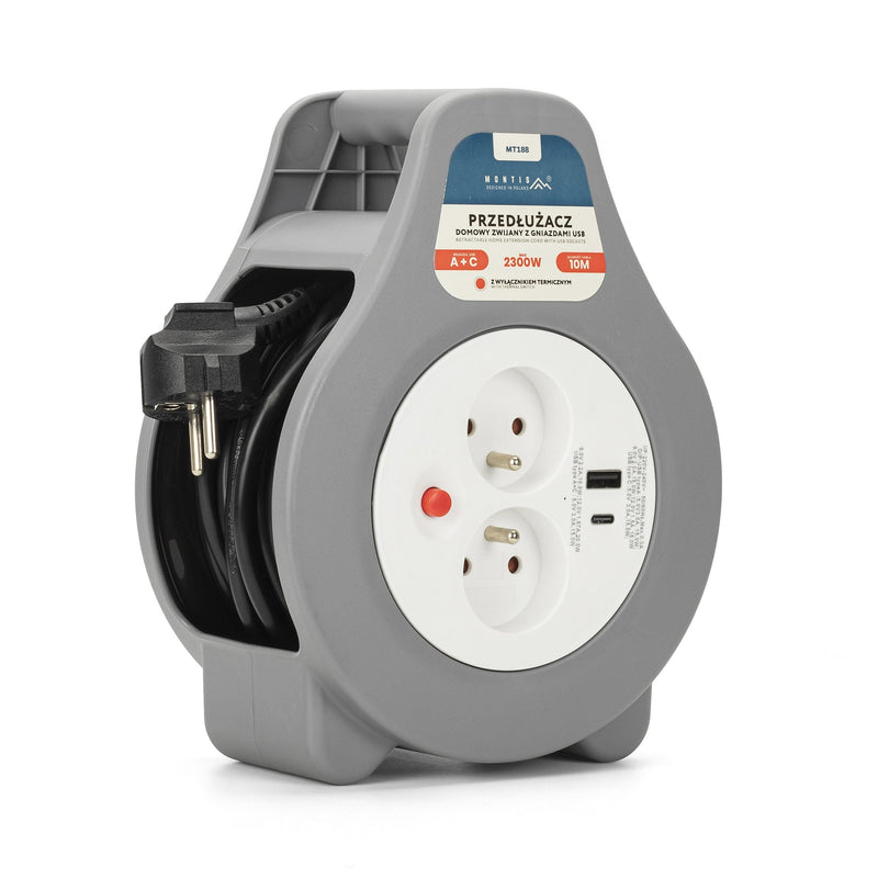 Montis Cable Extensión Home With Enrollador USB 10M Mt 188 2 Salidas AC