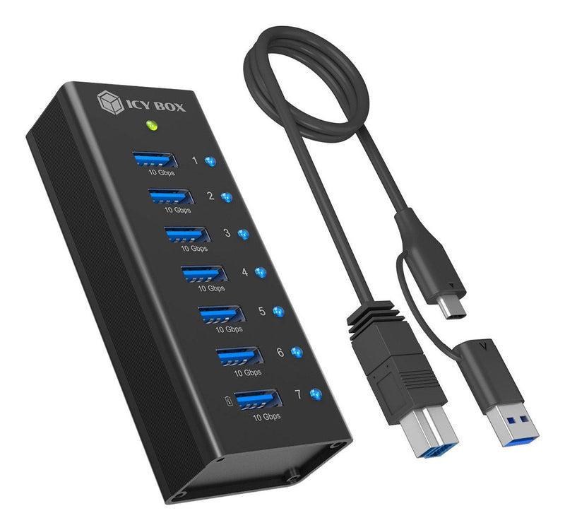 Box 7-PORT USB 3.2 Gen 2 (10 Gpbs) Hub With 1X Tablet-puerto Charging Includes 12V 3A Power Supply, Vollmetall