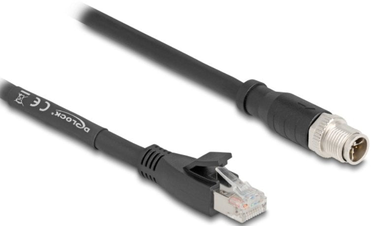 Delock M12 Cable X-kodiert 8 Pin Connector Male a RJ45 Connector Male CAT.5E S FTP Flexible 2M Black