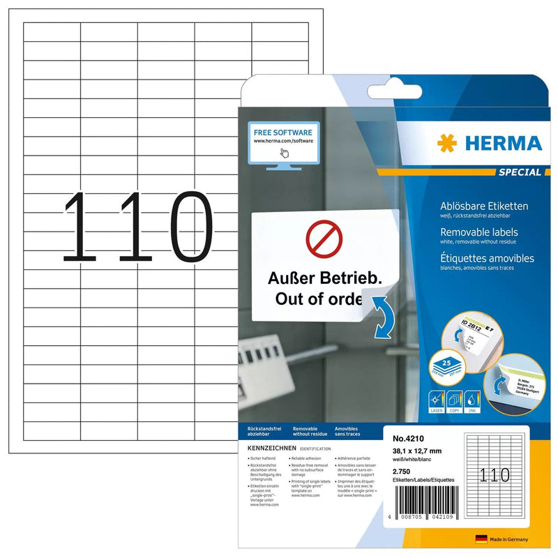 Herma Labels A4 White 38,1X12,7MM Removable Paper 2750 Pieces