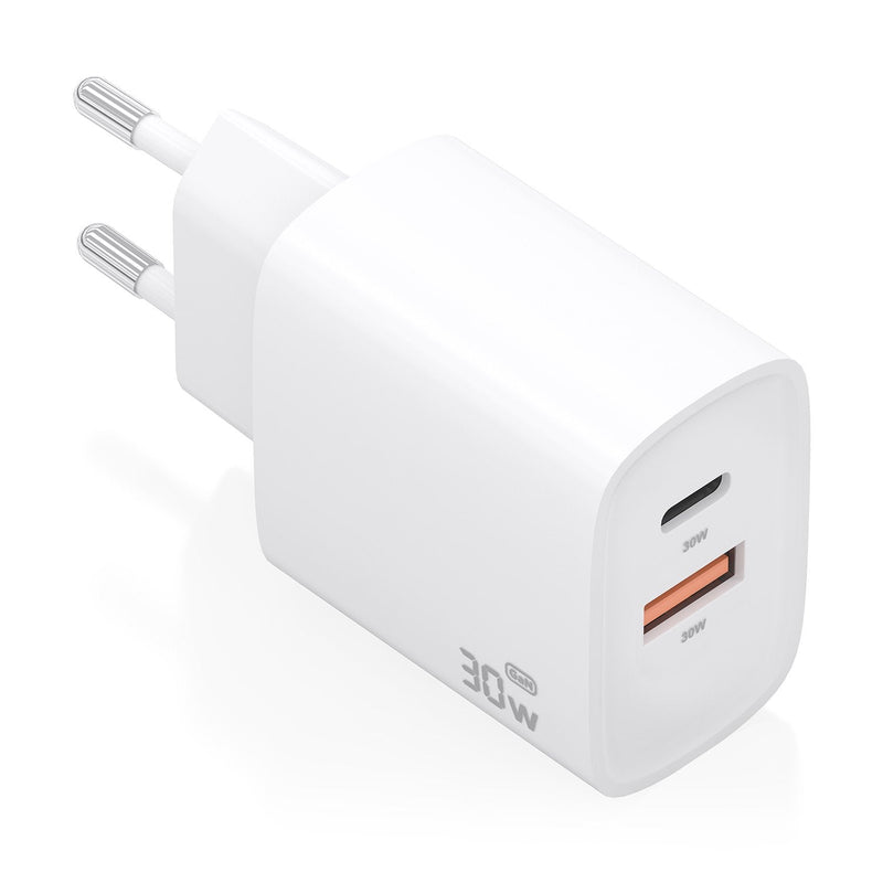 Aisens Charger GaN 30W, 1x USB-C PD 3.0 QC4.0, 1x USB-A QC3.0, White