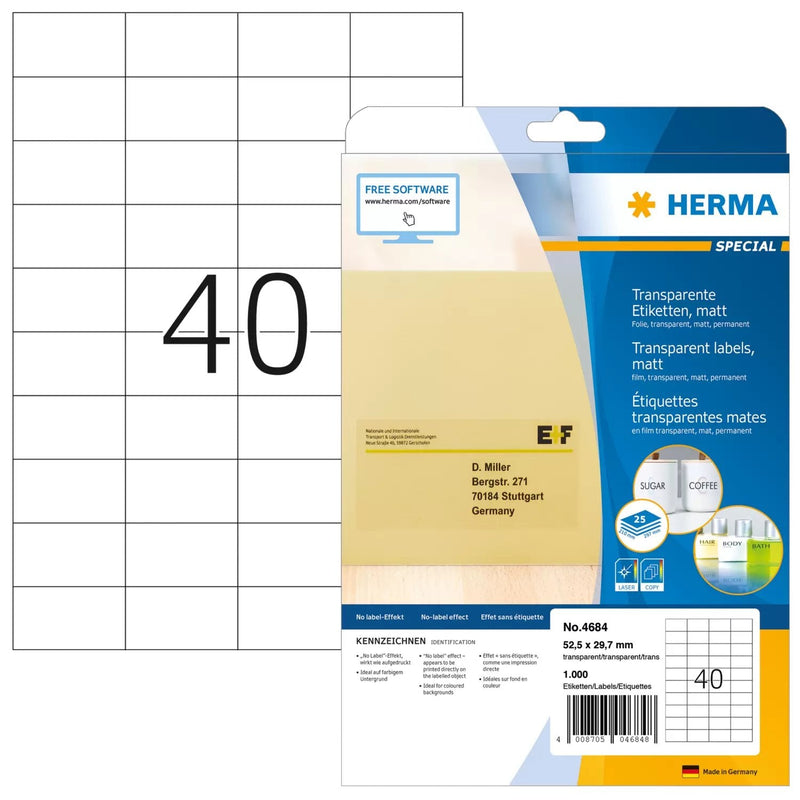 Herma Labels Transp. Matte A4 52,5X29,7MM Lámina 1000 St.