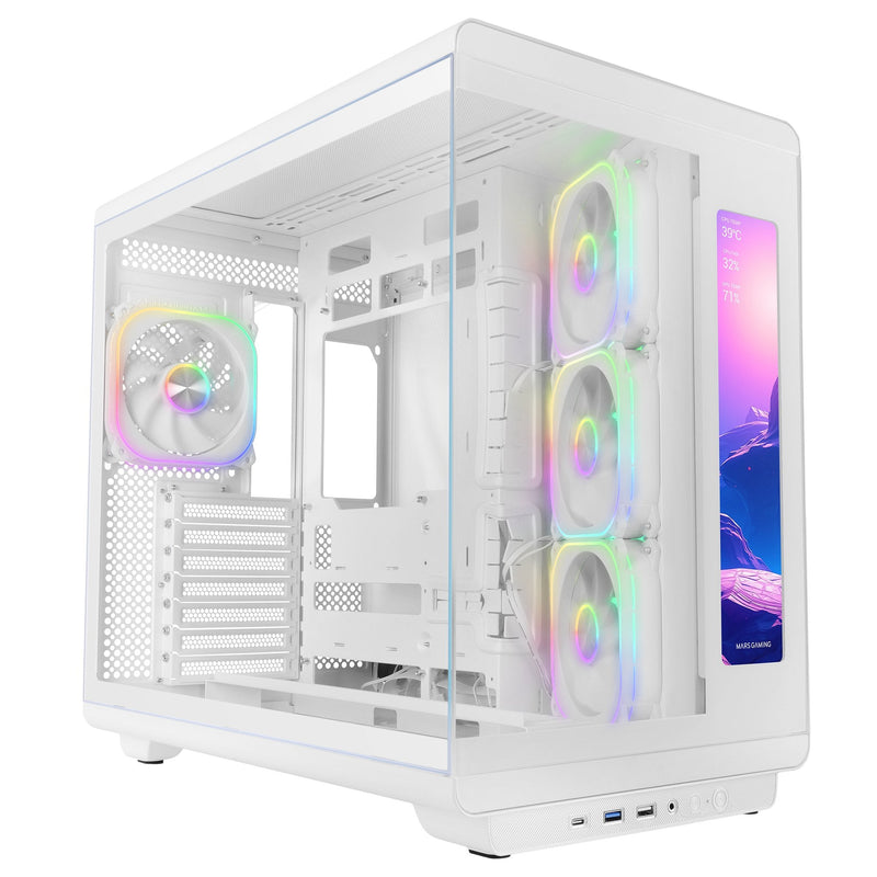 Mars Gaming PC Case ATX Mc-revmaxw Screen LCD 11.8 Glass Tempered 4X Fans ARGB White