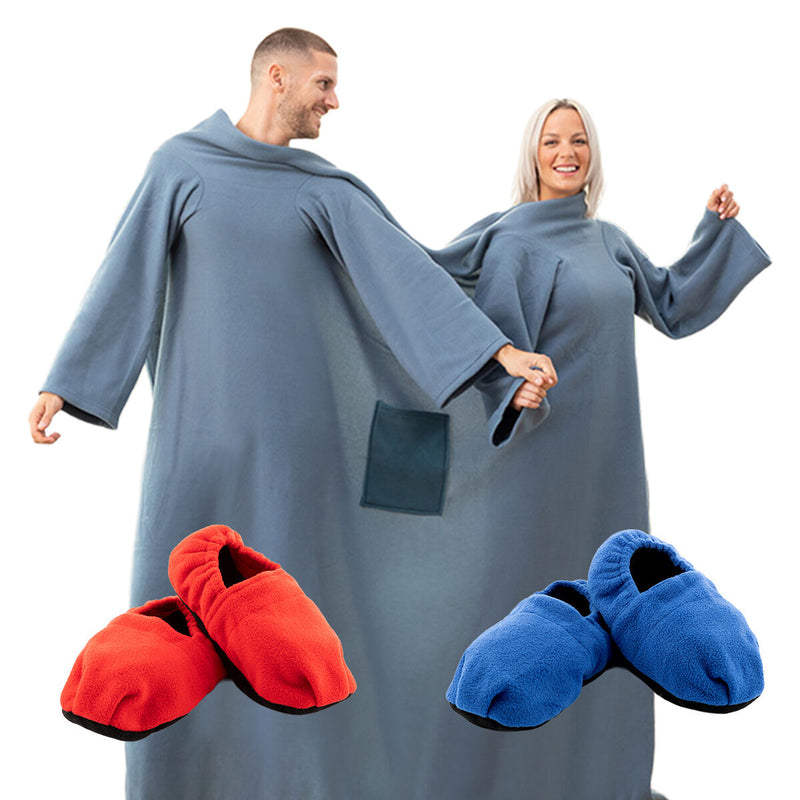 Pack Microwavable Heated Slippers and Double Sleeved Blanket with Central Pocket InnovaGoods