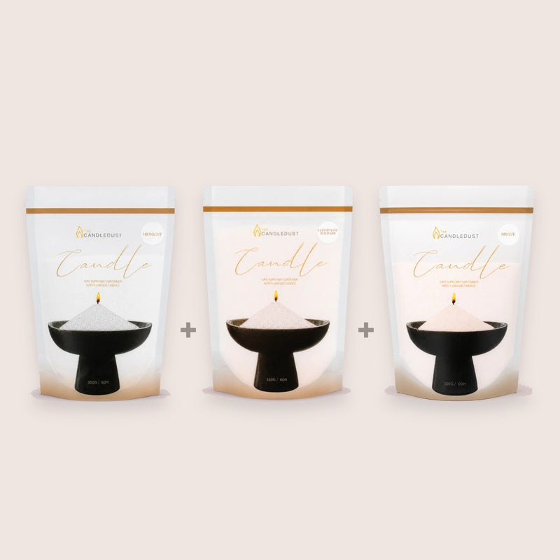 A Refill Trio, Midnight, Champagne Rhubarb, Breeze, 3 × 350g
