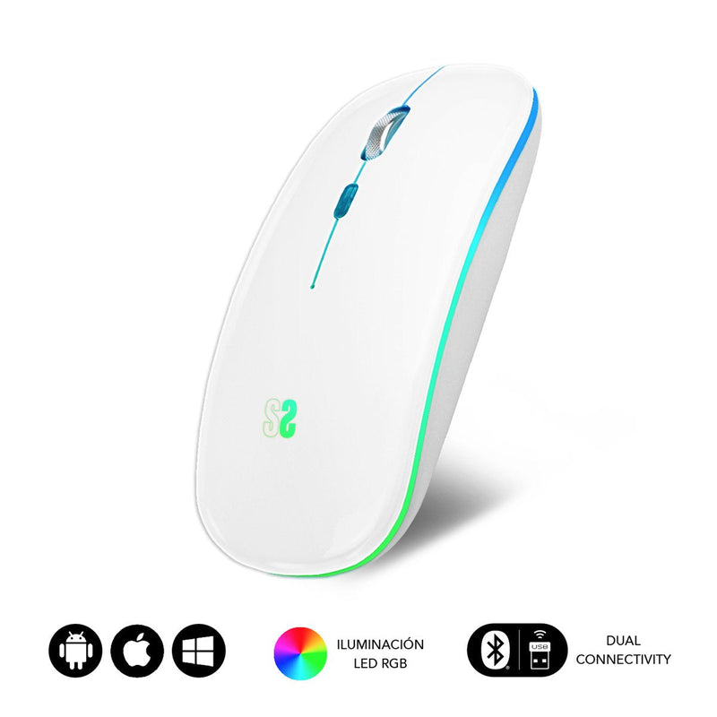 Subblim Mouse Optico Wireless Bluetooth RGB Dual Flat White Up To 1600DPI/ Connection Dual/ Bluetooth/ RF/ Sil