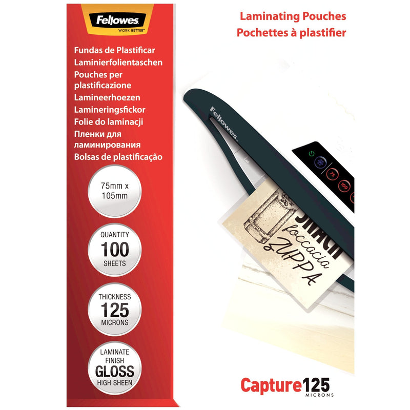 Fellowes Pack 100 Cases Plastificar Brillo Cards 75 X 105MM - 125 Micras - High Quality - Transparent