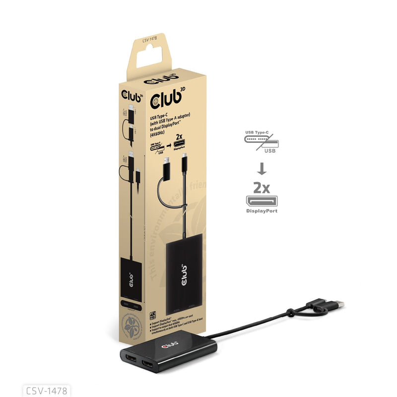 CLUB3D Adapter USB-C 2X DP 4K@60HZ With USB-A Adapter M H Retail