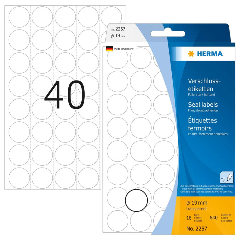 Herma Labels Verschlussetik. Rund 19MM 16 Sheet, 640 Pcs TRANSP.2257