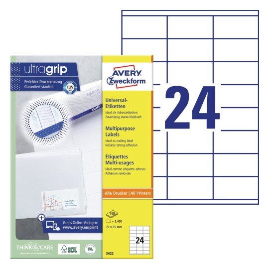 Avery 3422 Label Self-adhesive Rectángulo Permanente White 2400 Pieces