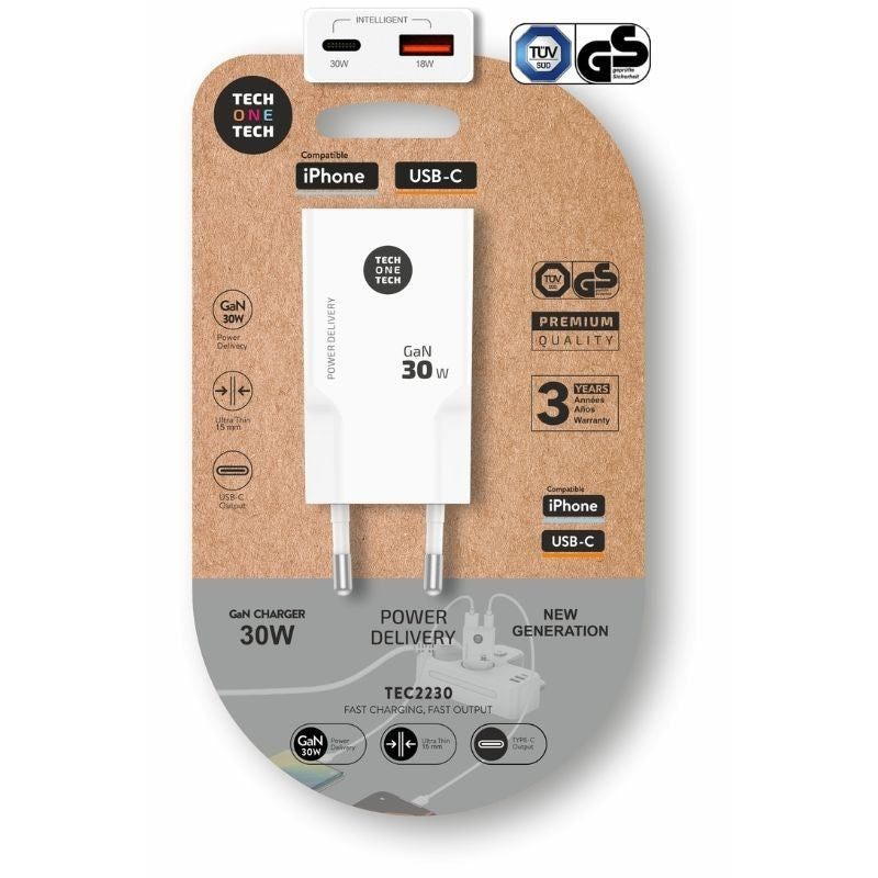 Tech One Tech Wall Charger GaN GaN TEC2230 1x USB Type-c 1x USB 30W White