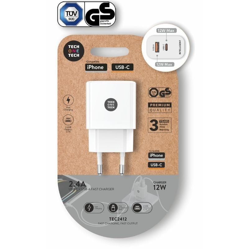 Tech One Tech Wall Charger TEC2412 1x USB Type-c 1x USB 12W White