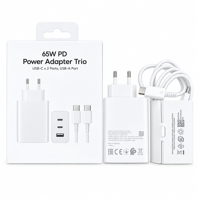 Fast Charger 65W PD 3 Ports - 2 USB-C + 1 USB-A - With USB Cable -c - White