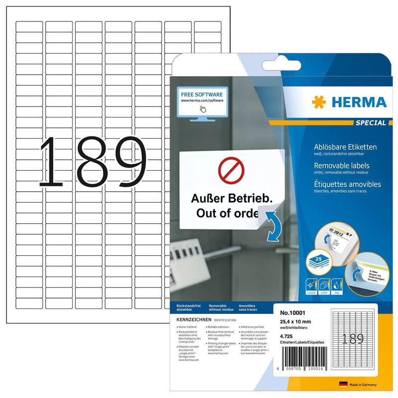 Herma Removable Labels 25,4X10 25 Sh. Din A4 4725 Pcs. 10001 Labels
