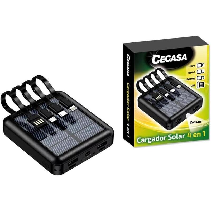 Cegasa Powerbank Solar 4 1 5000MAH - Salidas Usb-c, Lighting, Usb-a, Micro USB - With Linterna - Black