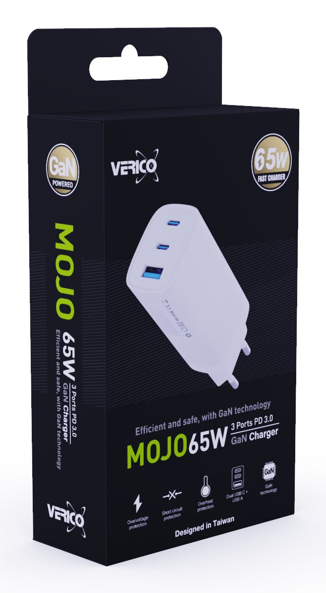 Verico Charger Mojo GaN 65W Pd, 3-PORT (usb-a & Usb-c) Wh Retail