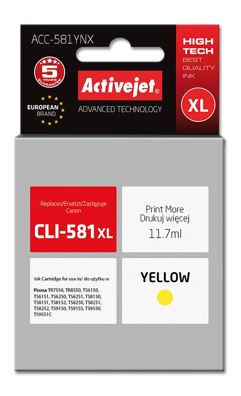 Activejet Ink ACC-581YNX (reemplazo CLI-581Y XL - Supreme - 11 70ML - Yellow