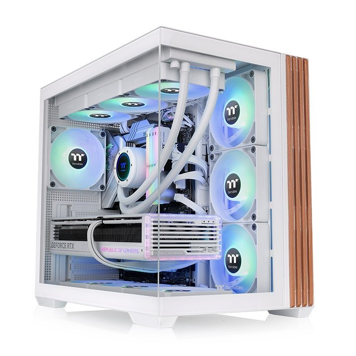 Thermaltake PC Case View 380 Ws ARGB White/Holz, Tempered Glass X 2, Holz-struktur) CA-1Z2-00M6WN-WS
