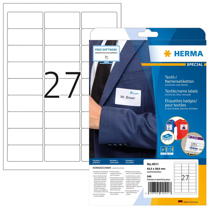 Herma Labels Textiles Nombre A4 63,5X29,6MM White 540UD.