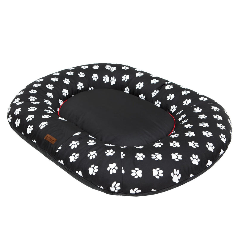 Oval Dog Basket Bed – Multicolour Black Pawprints, XXL