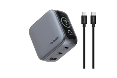 Verbatim Wall Charger Universal GaN Travel Mini GaN Charger With Screen 2x USB Type-c 1x USB 65W — image 1