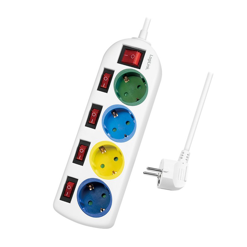 Logilink Power Strip Plugs 4 Sockets 4XCEE 7/3, W. 5 Switches Coloridos