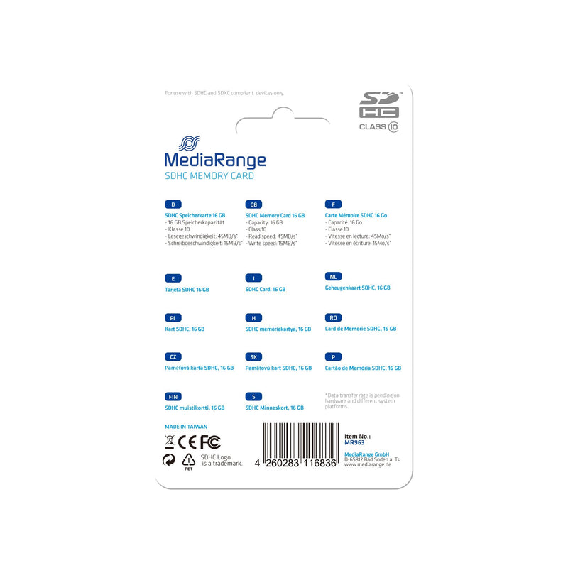 Mediarange MR963 Memory Flash 16GB Sdhc Clase 10